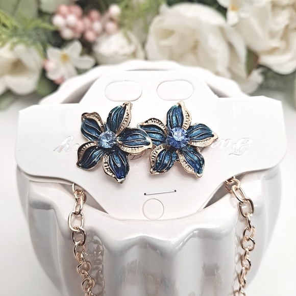 Gold Flower blue statement Necklace earrings jewelry set formal wedding 💖2/$30 - Picture 6 of 8